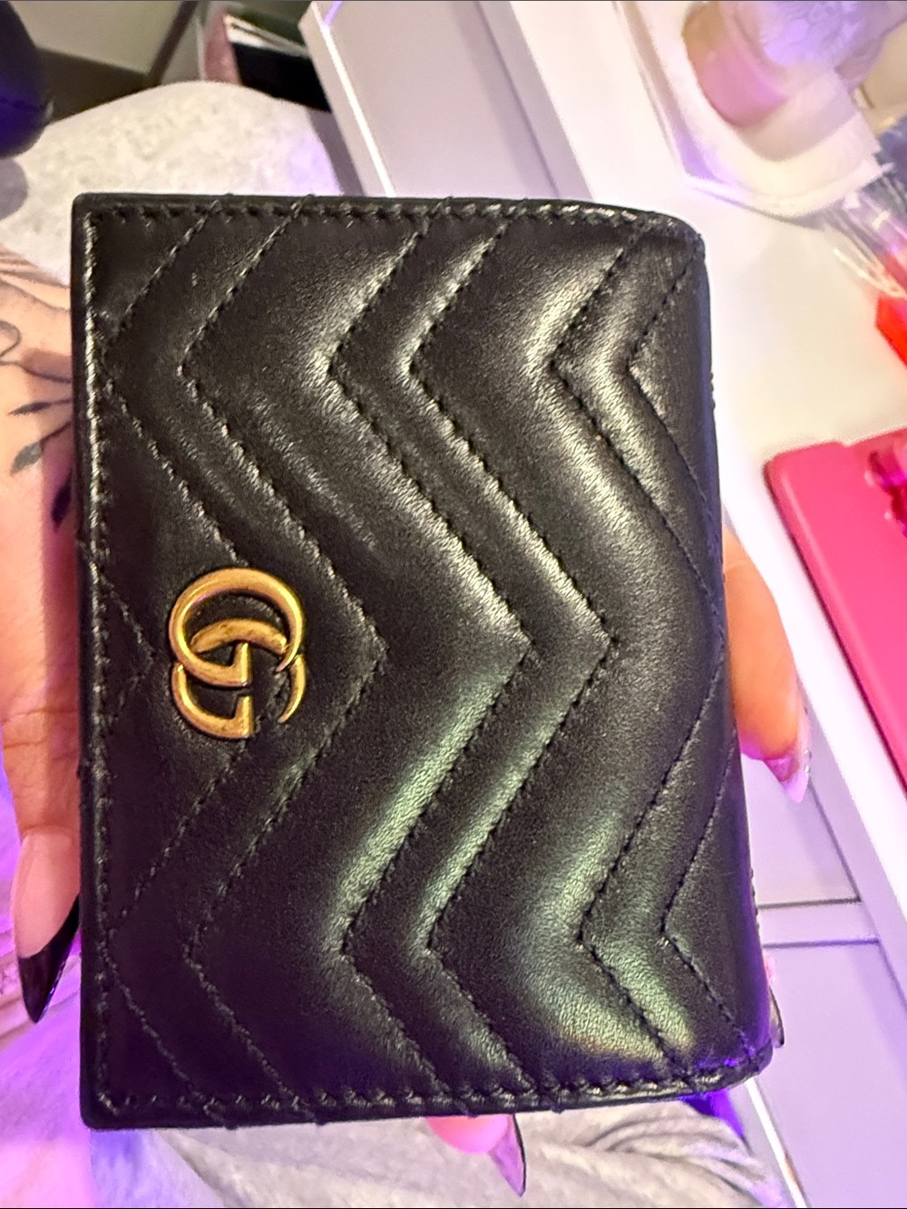 Black Quilted Leather Card Wallet with Gold Hardware